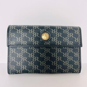 Rioni Signature RR Monogram Print On Black Designer Canvas Front Fold Wallet NEW